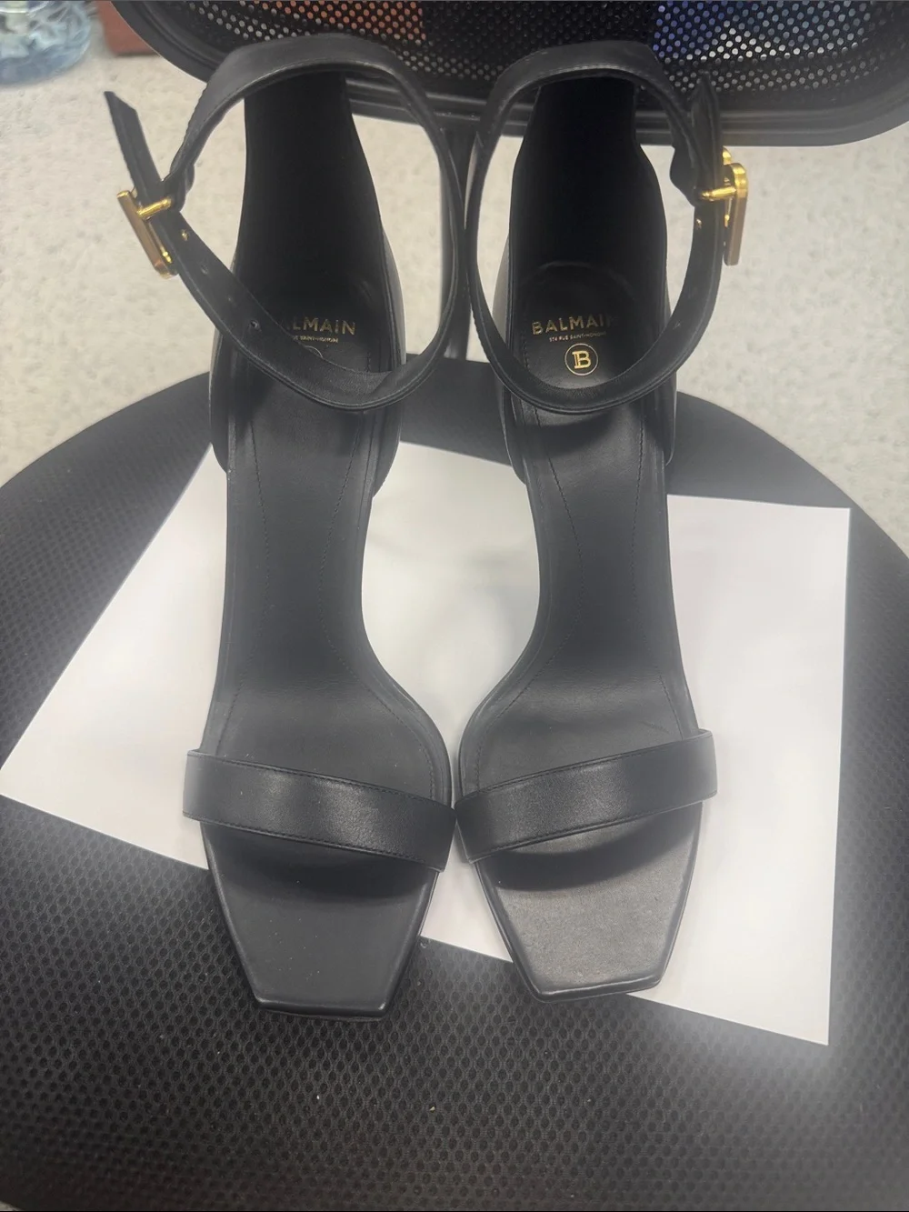 Balmain Black Leather Square-Toe Ankle-Strap Heels